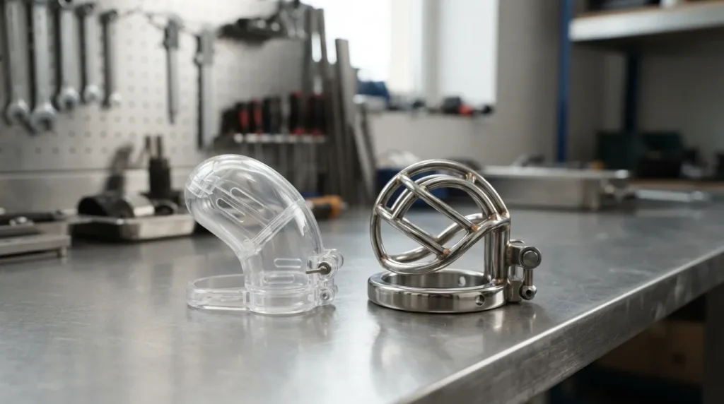 Clear plastic chastity cage beside a stainless steel open bar cage