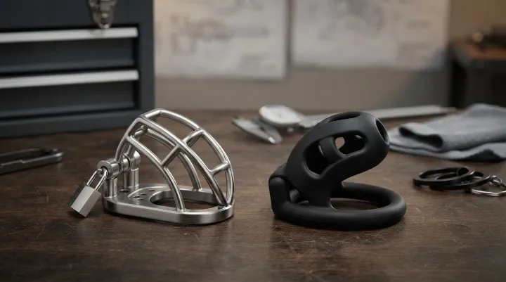 Stainless steel chastity cage next to a silicone chastity cage on a workbench